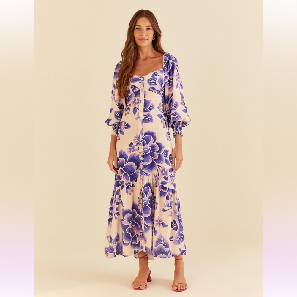 FARM Rio Long Sleeve Dress with Blue Floral Pattern